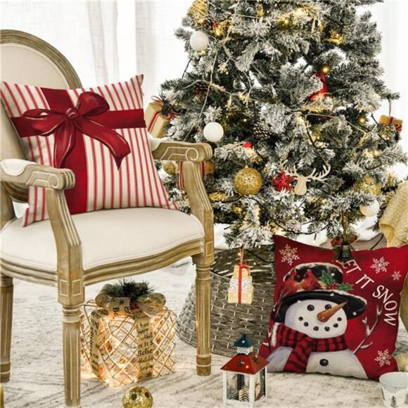Merry Christmas Let It Snow Joy Stripes Gift Box Red Throw Pillow Covers,18x18in - Picture 3 of 7
